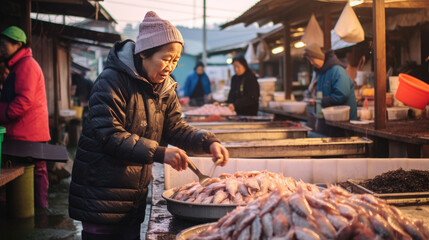 Busy fish market by the sea, many buyers are bargaining - obrazy, fototapety, plakaty