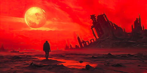 In a desolate landscape, a lone figure wanders through the ruins, silhouetted against a blood-red sky, a survivor in a world reclaimed by nature