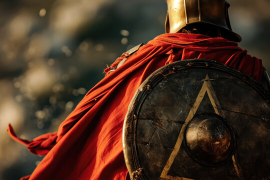 a Spartan warrior's red cloak adorned with the Lambda symbol, representing the city-state of Sparta.