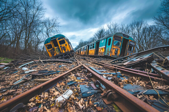 a colossal train collision, the scene is one of utter devastation and chaos