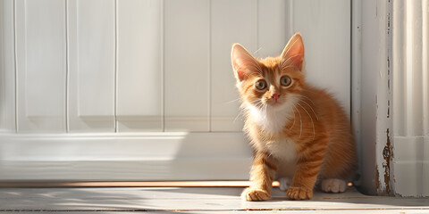 Cute little ginger kitten sitting on the windowsill and looking at the camera