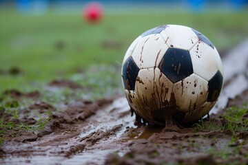 soccer ball leaving a mud trail as it rolls on the field