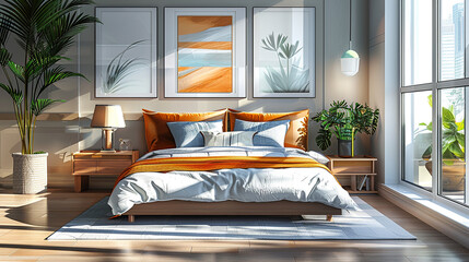 Mid-century modern bed, sleek lines and retro vibes combined on transparent background.png format 