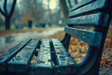 Macro view of an empty park bench symbolizing solitude - obrazy, fototapety, plakaty