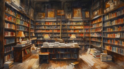 The quiet beauty of a library in watercolor a haven of books - obrazy, fototapety, plakaty