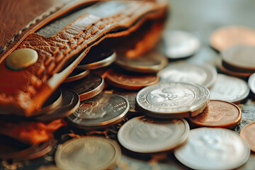 view of an empty wallet with scattered coins, depicting financial struggles and constraints