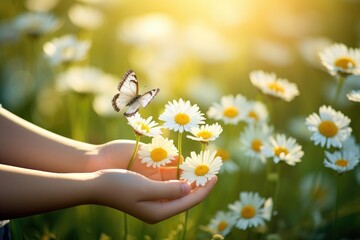 A beautiful butterfly in her hands on a sunny summer day in a field of daisies.