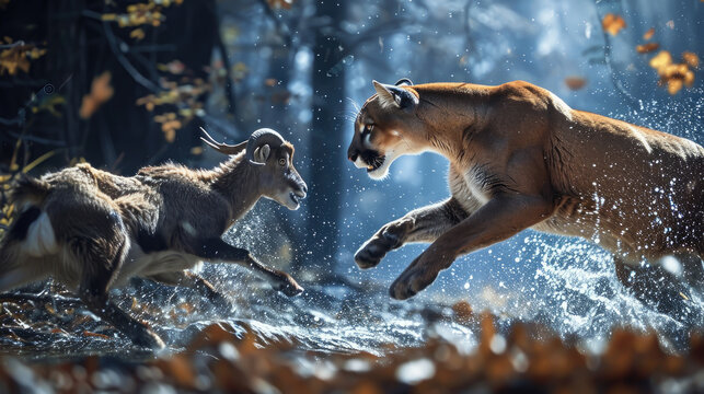 a mountain lioness chasing a goat in the forest