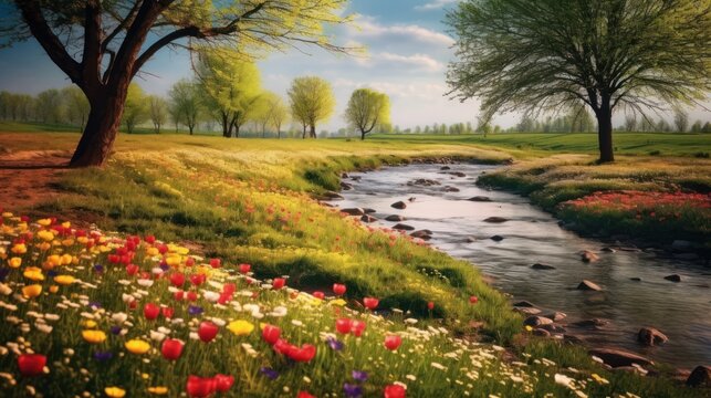 grassland in spring with colorful flowers