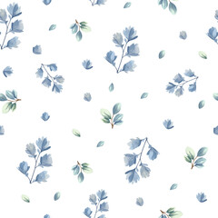 Seamless pattern with delicate flowers and leaves in turquoise colors. Hand drawn botanical wallpaper. Watercolor floral background.