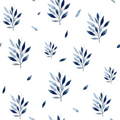 Fototapeta na wymiar Seamless pattern with delicate leaves in pastel blue colors. Hand drawn botanical wallpaper. Watercolor floral background.