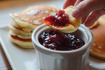 person dipping bite of pancake in small bowl of fruit compote