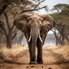 Fototapeta na wymiar an elephant walking on a dirt road