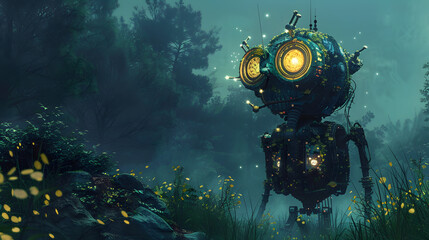 Robot in a dark forest with yellow flowers