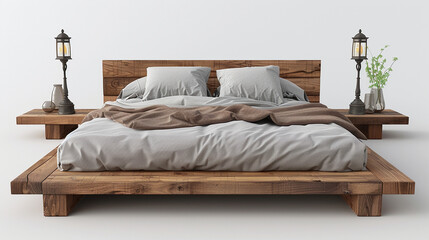 Minimalist platform bed, clean lines for serene sleeping spaces on transparent background.png format 