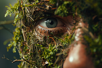 close-up portrait of a man's face covered with vegetation