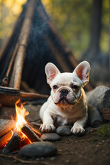 A French bulldog is lying on the ground by a campfire