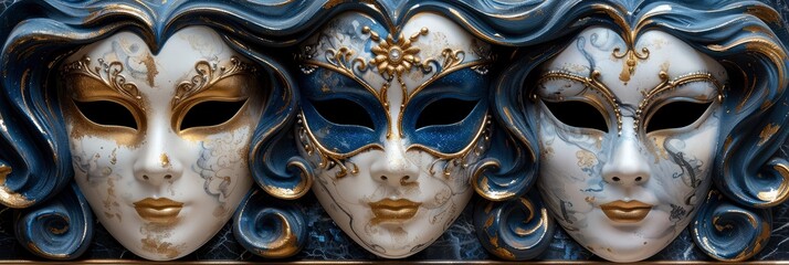 Pattern of elegant Venetian masks with intricate designs and feathers, Background Image, Background For Banner