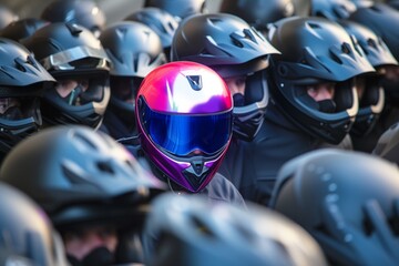 solo bright helmet biker in a group of standard helmets - obrazy, fototapety, plakaty