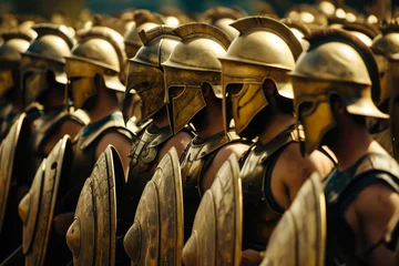 Foto op Plexiglas Spartan hoplites, heavily armored infantry, standing in a disciplined phalanx formation. © VicenSanh