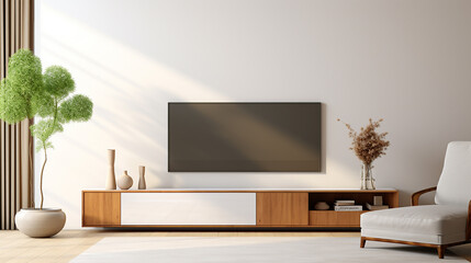 mockup a tv wall mounted in a living room with white wall