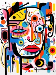 A painting featuring a womans face intertwined with abstract shapes and patterns, creating a unique and eye-catching composition on printable wall art.