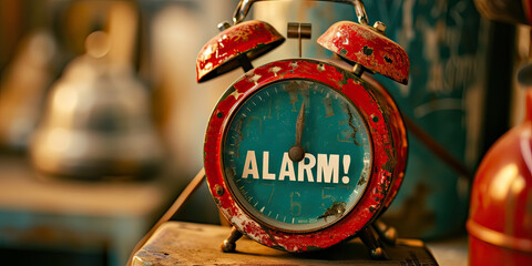 Vintage red alarm clock with bold "ALARM!" text, showcasing a retro vibe and the concept of urgency or time management.