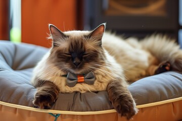 cat wearing a bow tie lounging on a cushion