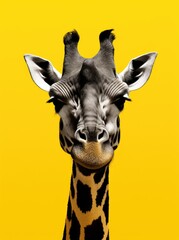 Obraz premium A close-up view of a giraffe standing in front of a vivid yellow background, showcasing its distinctive patterns and long neck.