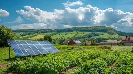 Solar energy and standalone solar arrays in fields and  in the village landscape as renewable energy