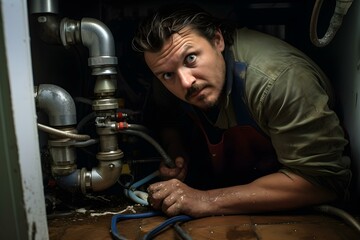 Plumber fixing kitchen sink ensuring efficient water flow. Concept Plumbing, Kitchen Sink, Water Flow, Efficiency, Plumber