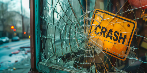 Write text CRASH on a sign in broken window