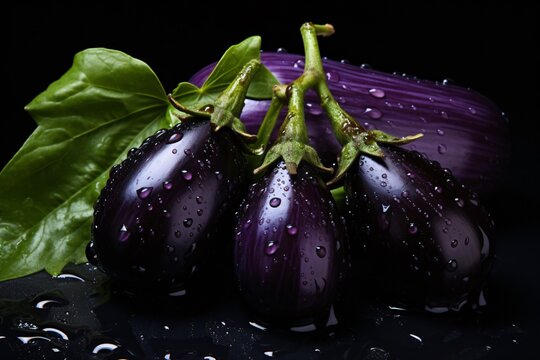 a group of eggplants with water droplets on them