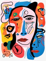 A vibrant painting showcasing a womans face with a multitude of hues and shades, creating a captivating and dynamic visual experience.