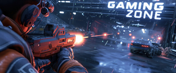 write GAMING ZONE in sniper style in street, gaming style