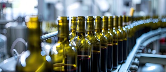 In this image, bottles of wine are lined up on a conveyor belt inside a winery factory. The automated bottling line is filling the bottles with wine, ready to be sealed and labeled for distribution.