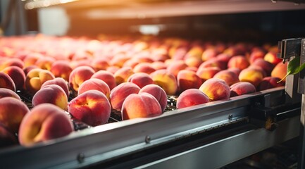 a group of peaches on a conveyor belt