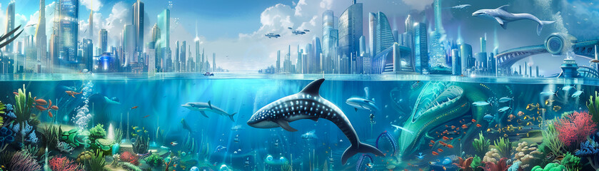 Fantasy underwater kingdom where abstract cityscapes are powered by revolutionary technology and populated by diverse marine animals