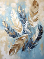 A detailed painting of feathers in various shades on a vibrant blue background, creating a striking visual contrast.