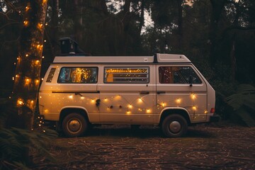 van parked in clearing, adorned with fairy lights