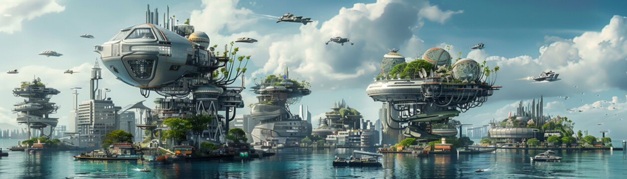 Dystopian cityscape where evolution and revolution clash showcasing floating architecture and advanced ships