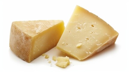 Pieces of delicious parmesan cheese on white background.