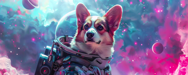 Space exploring corgi in a cyborg suit against a backdrop of pastel galaxies showcasing innovation and cuteness
