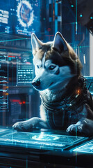 Spy huskies and corgis in a high tech laboratory using gadgets and intelligence to unlock secrets - obrazy, fototapety, plakaty