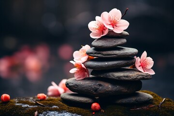 a stack of rocks with flowers on them