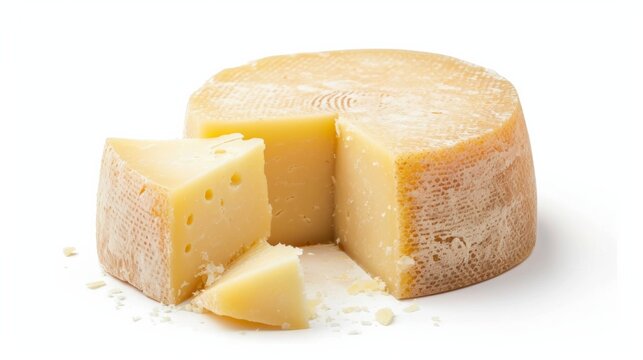 Pieces of delicious parmesan cheese on white background.