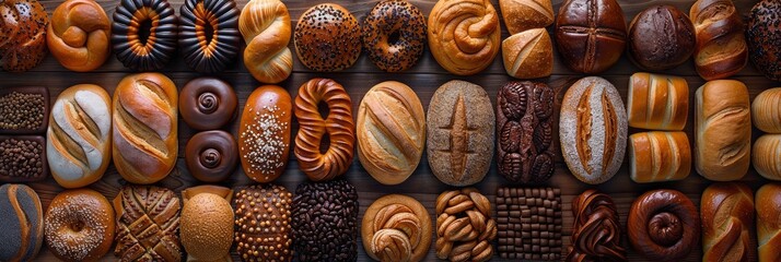 Realistic pattern of various breads and pastries, Background Image, Background For Banner - obrazy, fototapety, plakaty