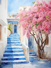 A painting depicting a blue staircase ascending towards a tree, creating a whimsical and enchanting scene.