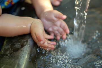 closeup of a childs hands playing with running tap water
