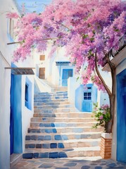 A painting depicting a set of stairs ascending towards a blue door, showcasing a simple yet striking architectural composition.